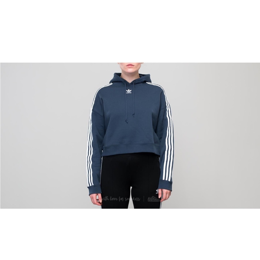 Adidas Hoodie Womens Small Blue Striped Pullover Cropped Crop Top Center Logo